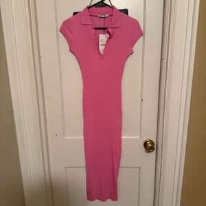 Zara Pink Ribbed Polo Midi Dress | Size M